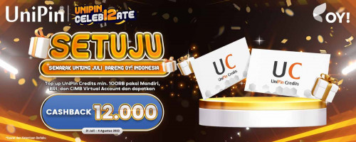 SETUJU (Semarak Untung Juli) Bareng OY! Indonesia – Top Up UniPin Credits Cashback 12rb